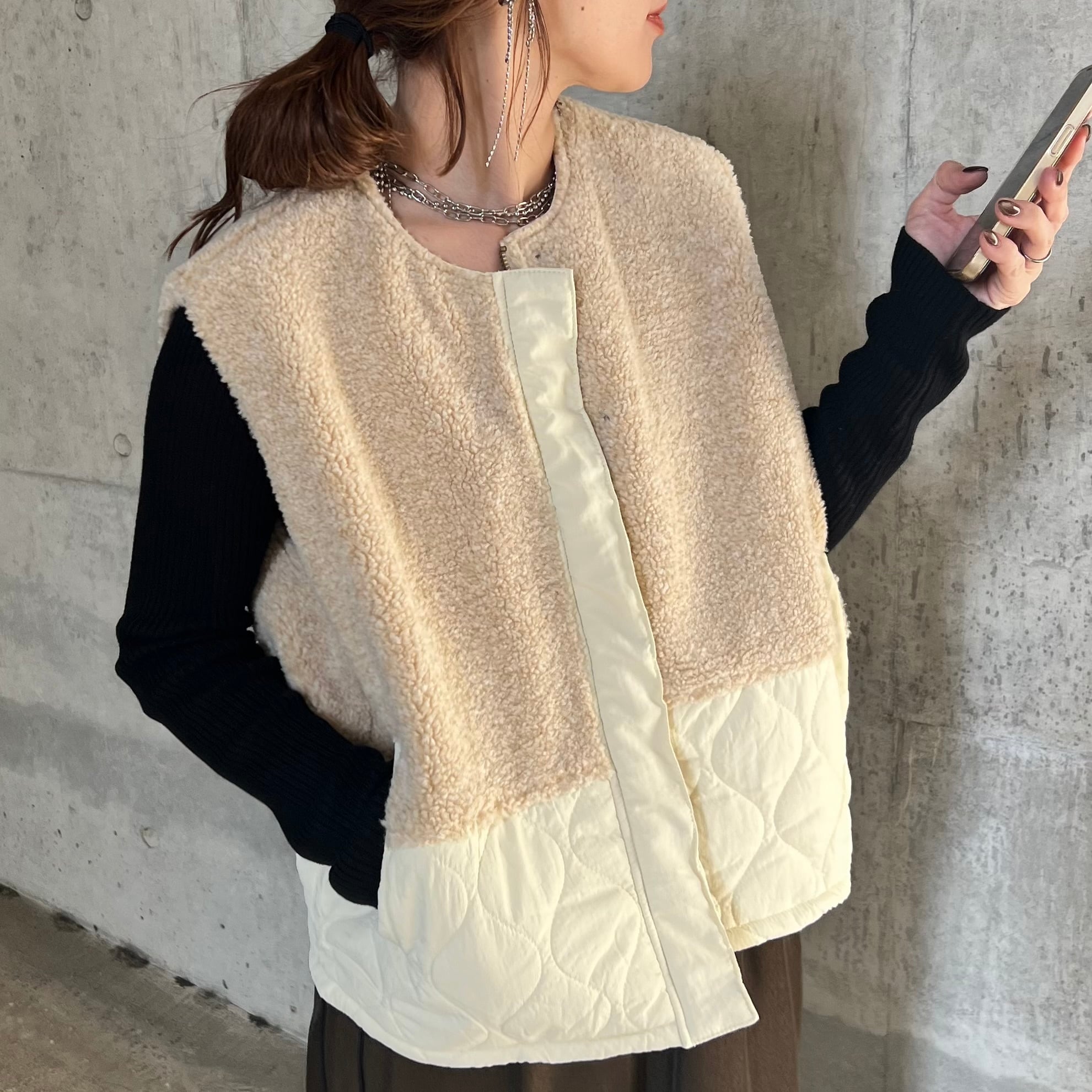 ボア×キルティングエッグベスト【an-D251419L-z】宅配便送料無料/宅配