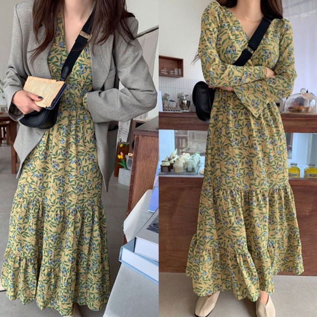 香港スタイルのレトロなスカートの女性の中くらいの長さの秋の新しいスタイルのVネックの小さな花柄の蓮の葉の長袖シフォンドレス19 韓国婦人67994333689