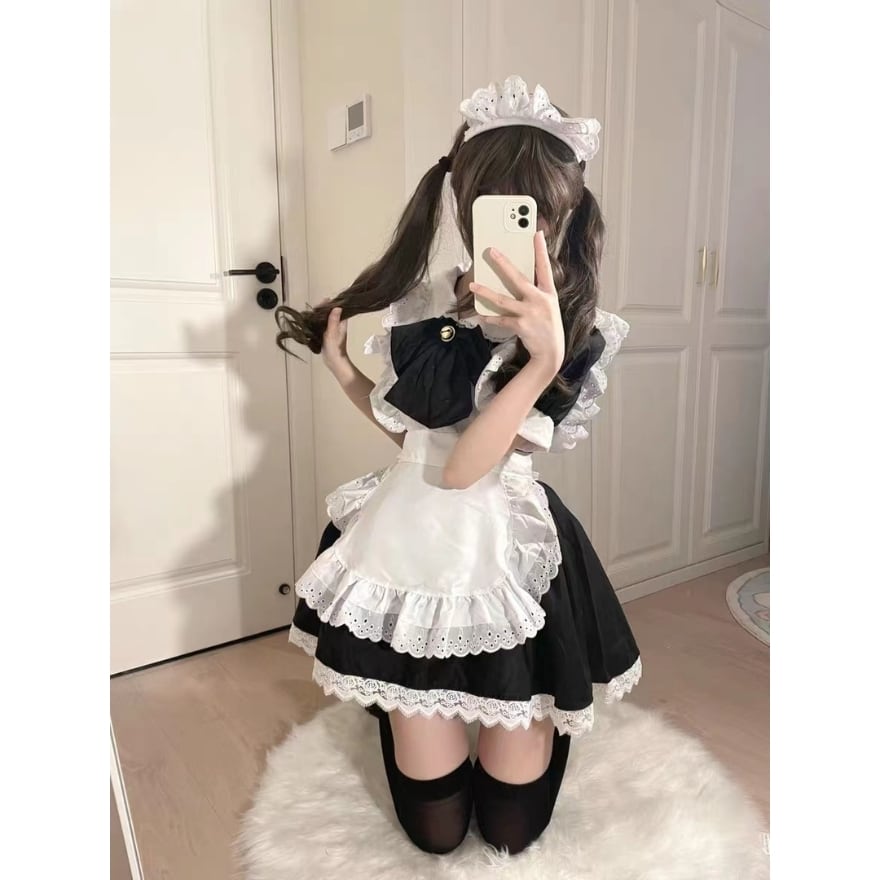 4点セット】メイド服 (ワンピース エプロン ヘッドドレス 白リボン