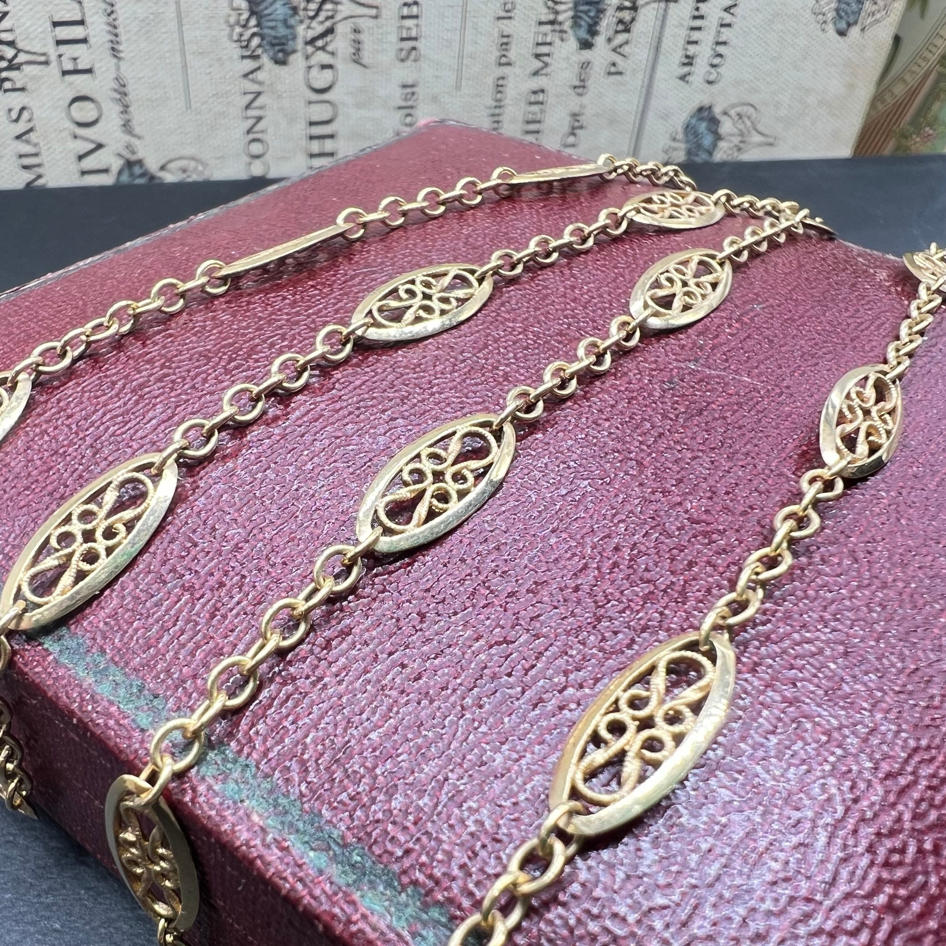 DRN00073 フランス アンティーク フィリグリー セミロング チェーン