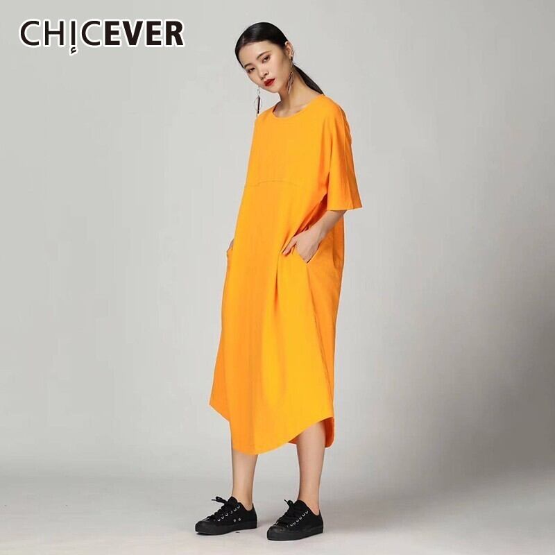 CHICEVERスプリングソリッドレディースドレスOネック半袖ポケットルーズミッドカーフAラインドレス2020 ショート ハーフスリーブ 春物 ソリッドカラー 6base57453392740
