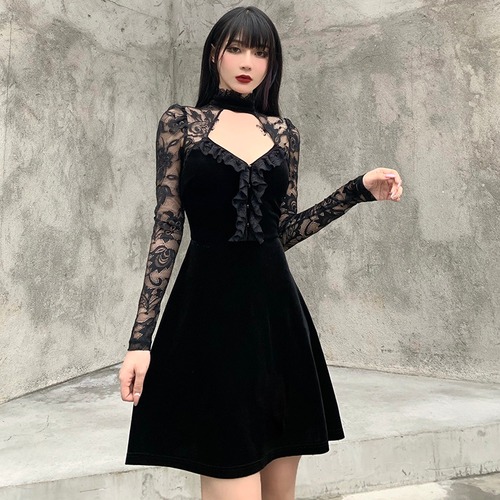 ✞ダークネスレースベルベットAラインワンピースドレスOP スリーブシースルー レトロ ステッチ ✞✝✞ ゴスロリ SM ミリ 甘ロリ クラロリ 和ロリ エレガント 黒ロリ 姫ロリ 華ロリ AA-AA6691521166