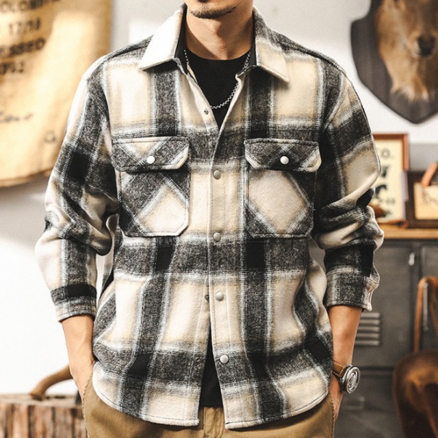 Polo collar single breast velvet check shirt ( 2color )