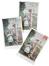 1900s フランス 手彩色 お手紙少女と幸福の鳩とアンティークポストカード 3p