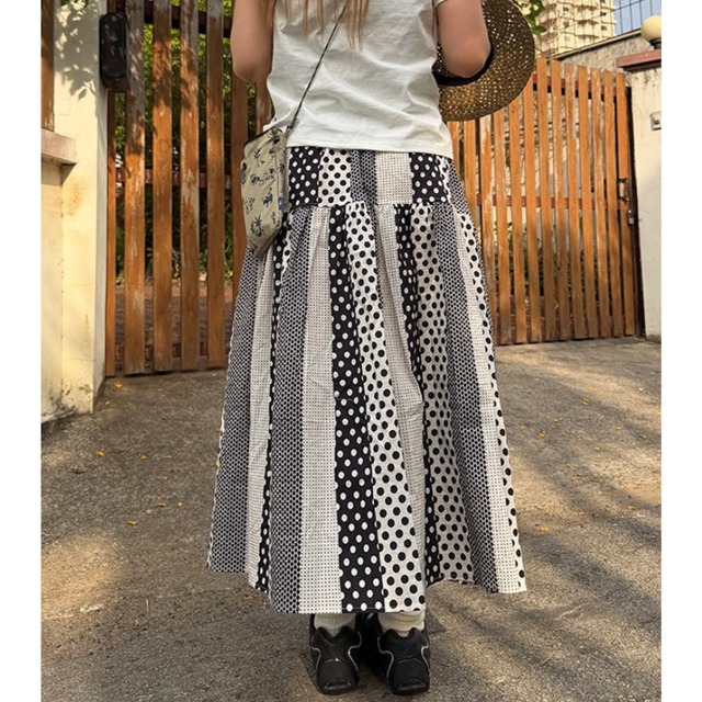 monotone dot patchwork long skirt　モノトーンドットパッチワークロングスカート　J1926