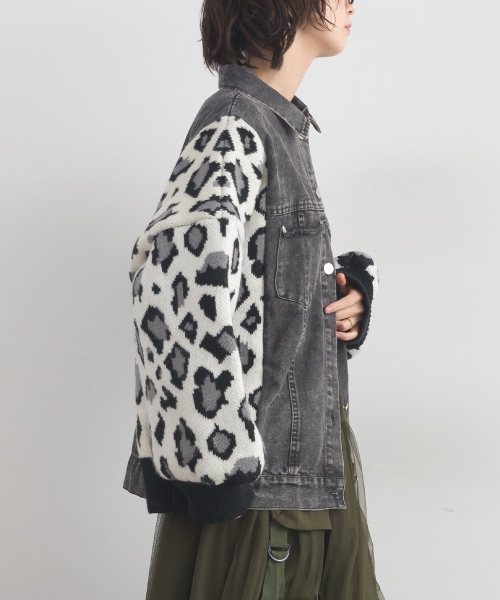 D261153 レオパードニット切替デニムジャケット / Leopard Knit Panel