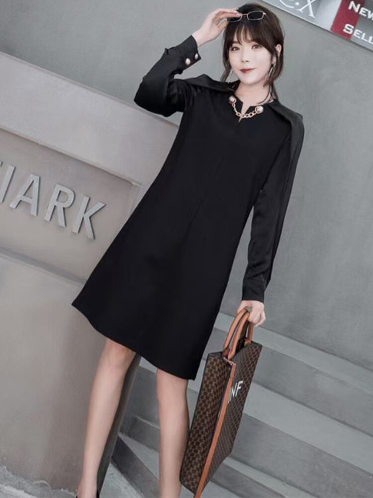 スプリングサマースタイルチェーン Vネック長袖スリーブシャツ ドレス ロング 春物 夏物 ミックスインファッション89801379660