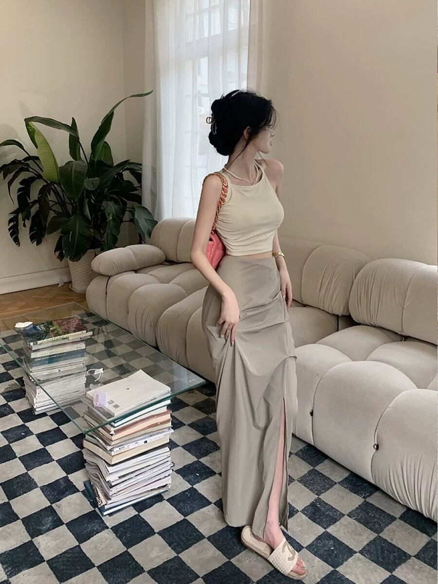 軽い成熟したスタイルのファッションスーツの女性の夏のノースリーブラウンドネックキャミソール薄いハイウエストスリットセクシーなヒップスカート ハイウェスト サマー 夏物 Oネック ガールズファッション67875137020