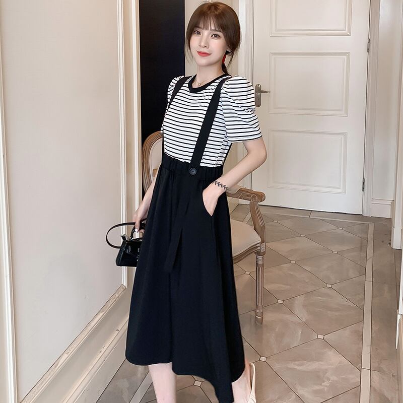 【新作】【送料無料】 プラスサイズのマタニティドレス2020夏の新しいマタニティツーピースストライプトップ+調整可能なミドル丈サスペンダースカート-アリババ 大きめサイズ サマー 夏物 アジャスタブル expec259794886606