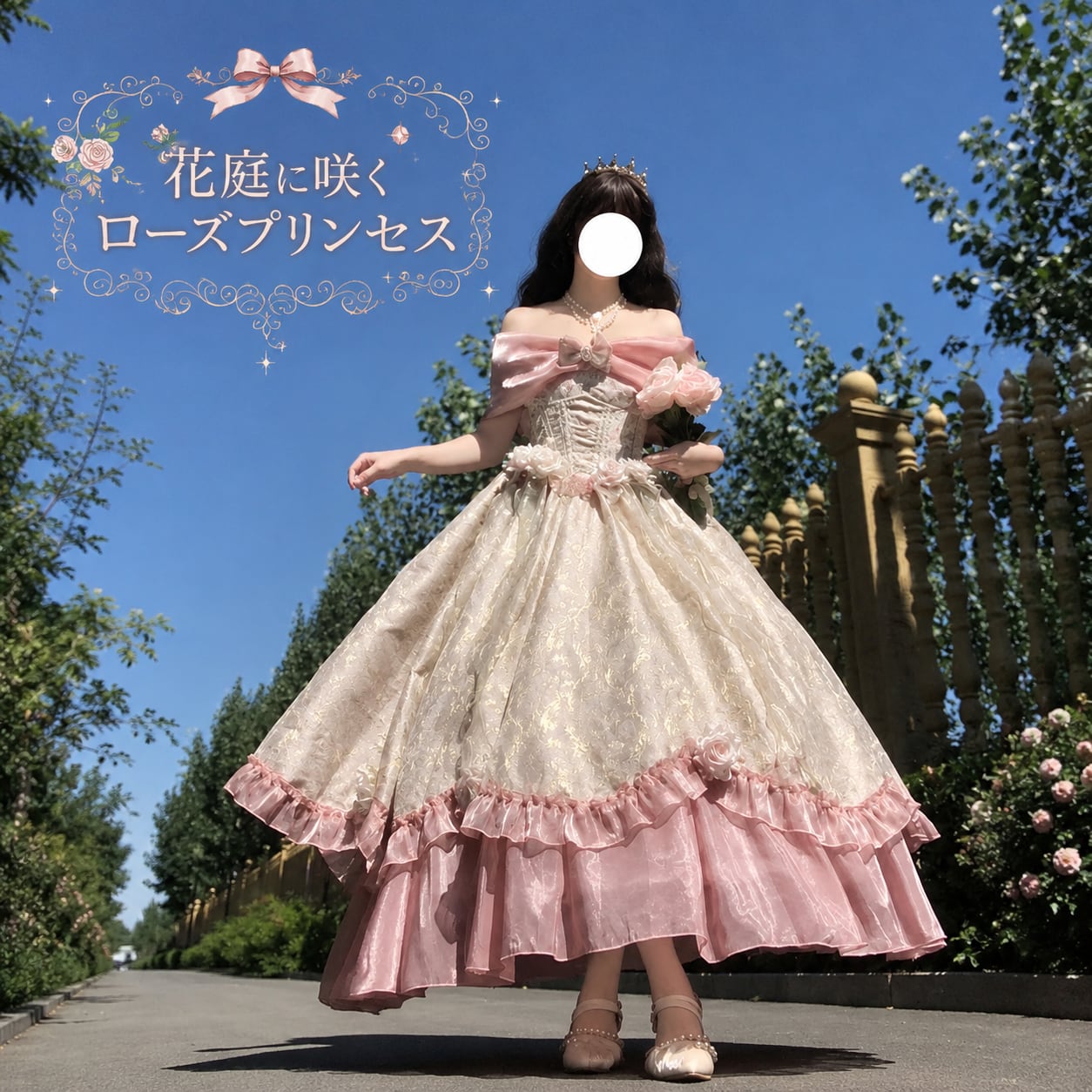 花庭に咲くローズプリンセス ビッグリボンとフリルティアードの姫ロリドレス