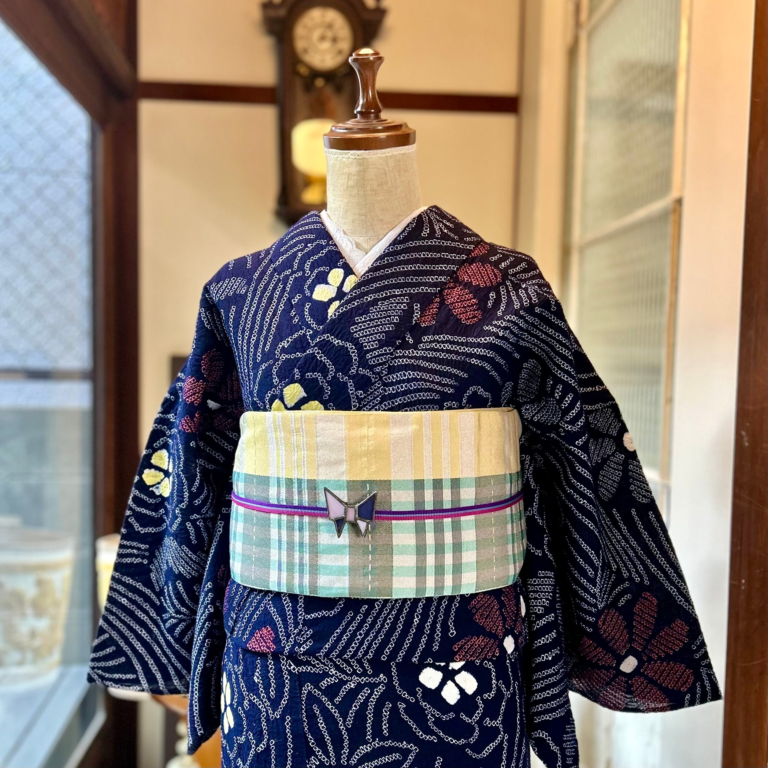 long＊夜風の花＊総絞り レトロ 花 フラワー 濃紺 紺 ネイビー レッド