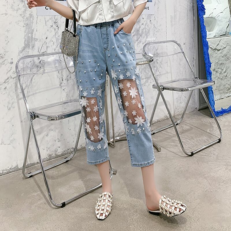 サマースタイルレースジーンズ ルーズクロップドパンツ 大きめサイズ 夏物 ミックスインファッション97303633065