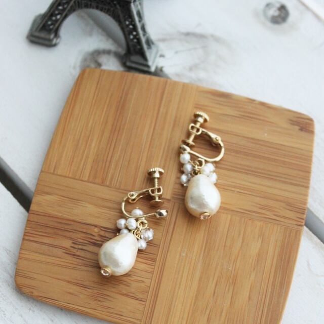 しずくコットン&淡水パールイヤリング (保存袋付き)