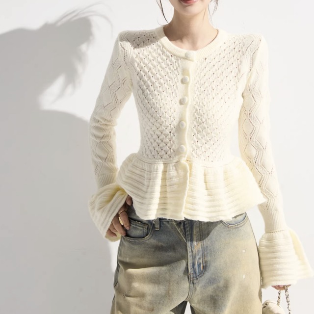 ラウンドネック ペプラム 長袖 ニットカーディガン   r001293