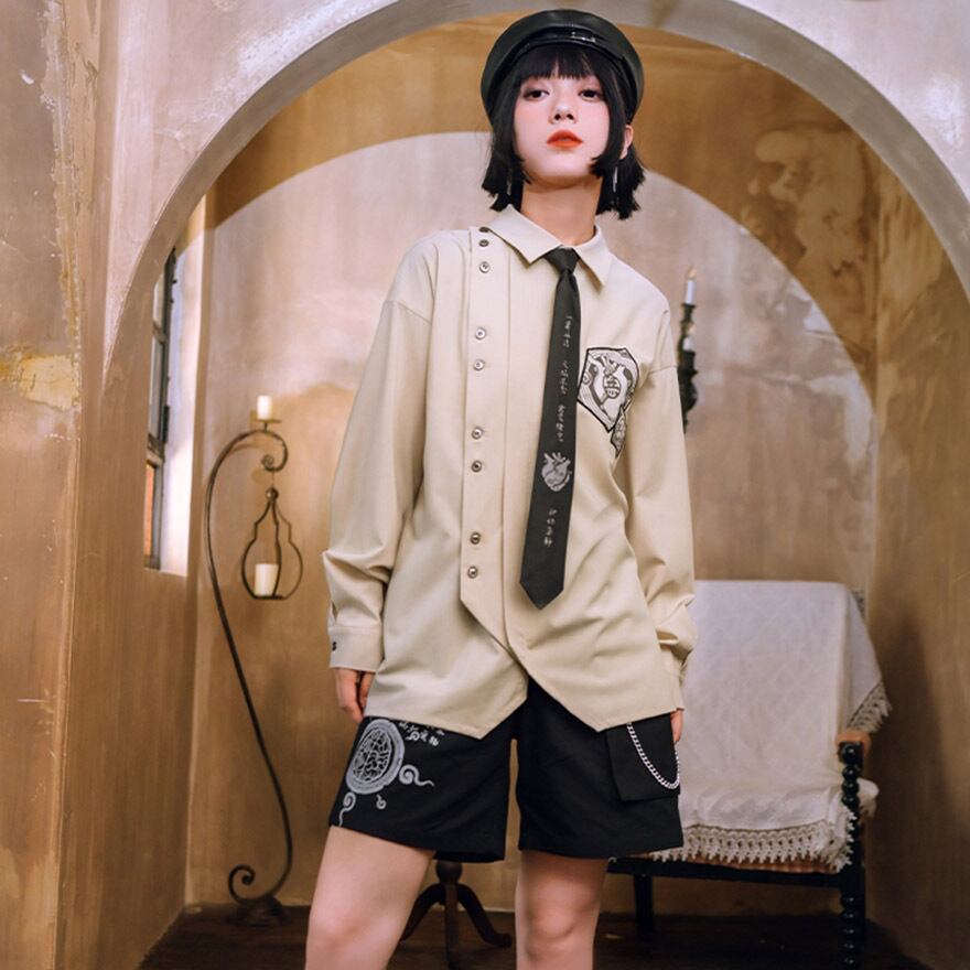 サブカル 服 地雷系 通販 チャイナ風服 古怪舎 チャイナ服 長袖シャツ ブラウス レトロ カレッジスタイル ワッペン エレガント 普段着使い 闇かわいい ファッション