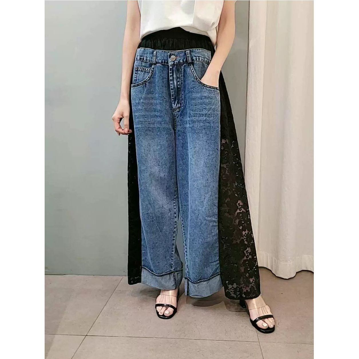 BLUE DENIM STITCH LACE A-LINE WIDE LEG PANTS 3colors M-14063