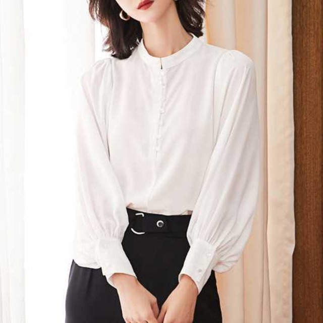 全4色 レディース トップス ブラウス 白 黒 紫 赤 長袖 春 夏 長袖 袖コンシャス ノーカラー クルーネック 大人女子 シンプル カジュアル お呼ばれ セレモニー お祝い 入園式 卒園式 入学式 卒業式 発表会 演奏会 お宮参り 七五三 授業参観 30代 40代