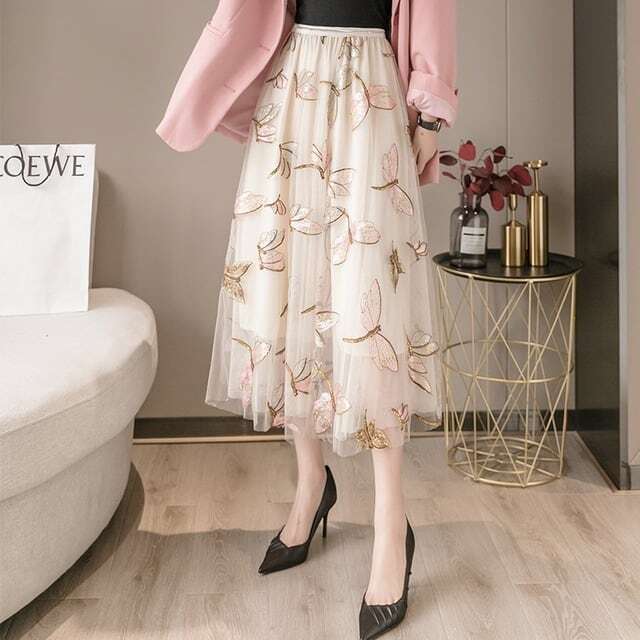 ピンク チュール刺繍スパンコールロングスカート ピンク チュール刺繍スパンコールロングスカート