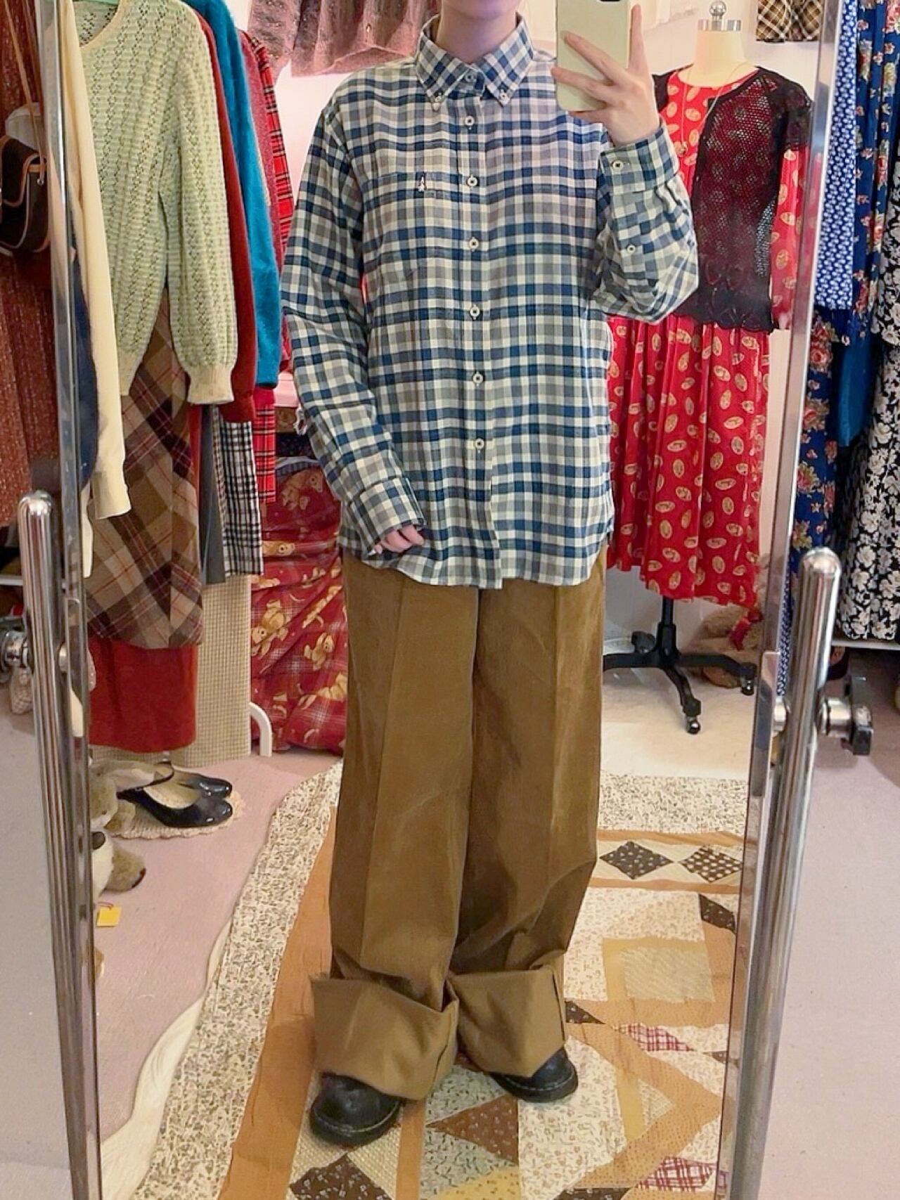 blue green check flannel shirt
