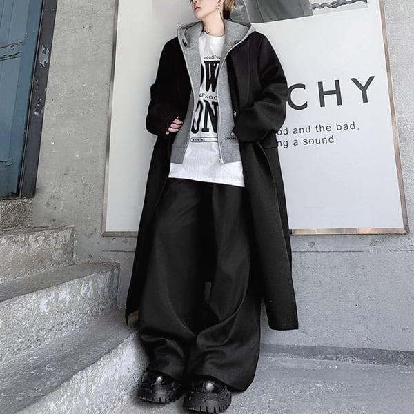 フェイクツーピースジップアップフーディダブルロングブラックコート(ruf_02553)