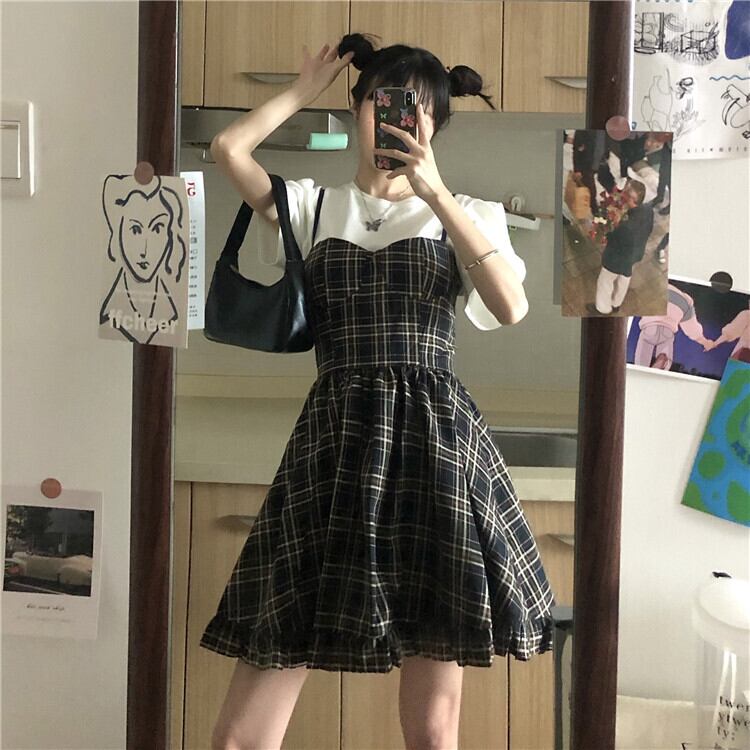 送料無料 コーデがまとまる嬉しいセット チェック柄 キャミワンピース Tシャツ ガーリー 可愛い ミニ丈 フリル Lamitte Deco トレンド 韓国ファッション ショップ Base店