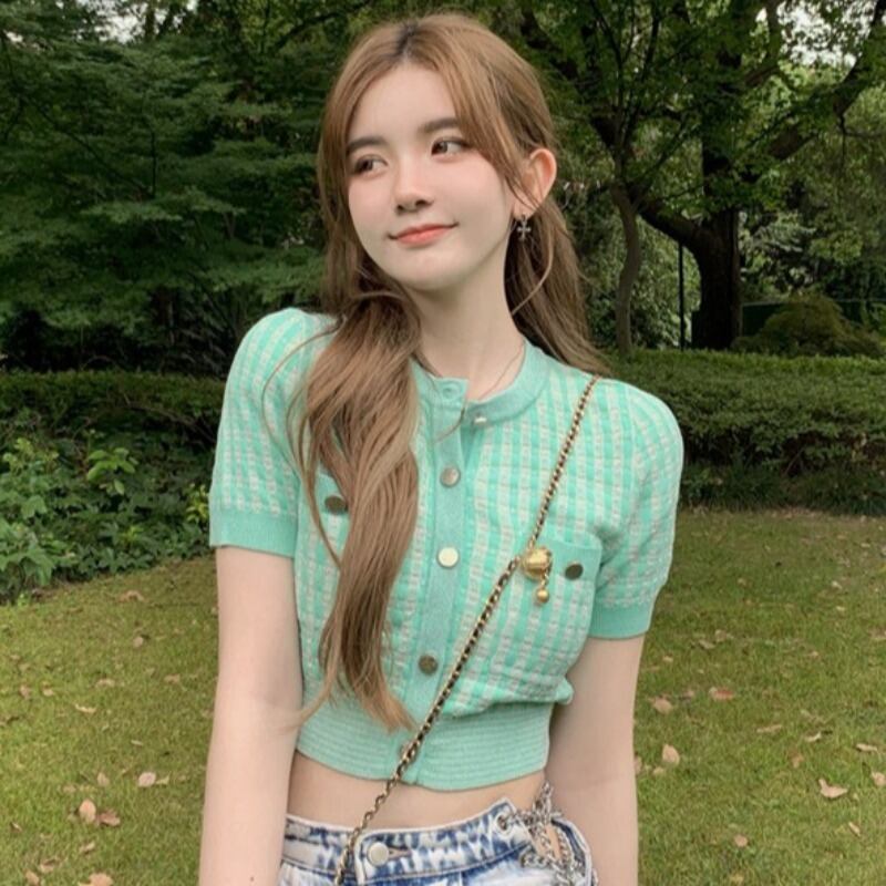 ニットセーター ショートスタイルスリムカーディガンジャケット サマーグリーン薄手トップス 夏物 シルク YY-ファッション33812390144