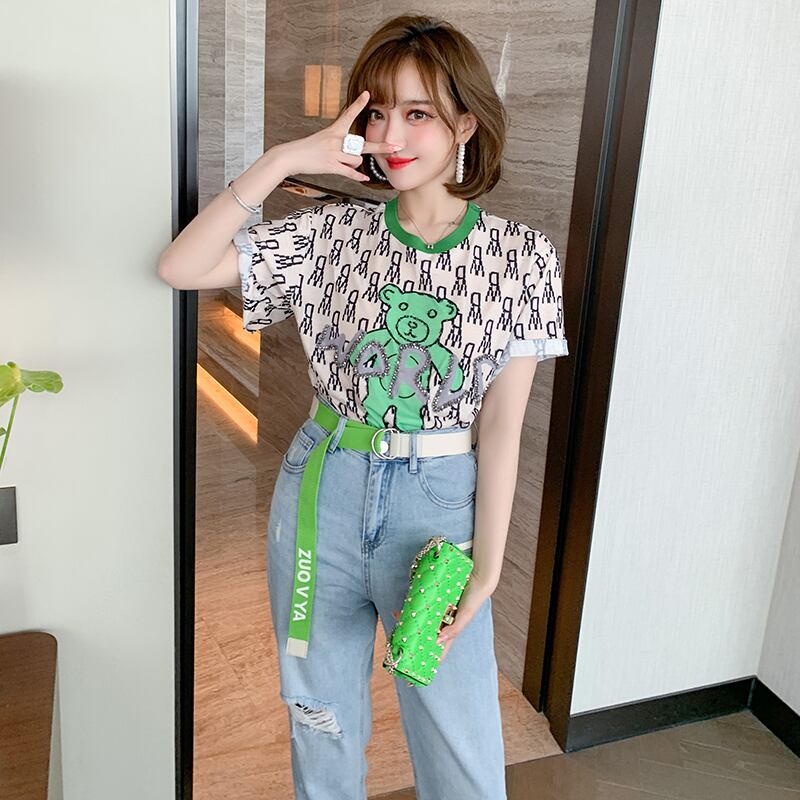 カラーラウンドネックプリントスタイルTシャツ サマー 夏物 Oネック MIUCO49197513680