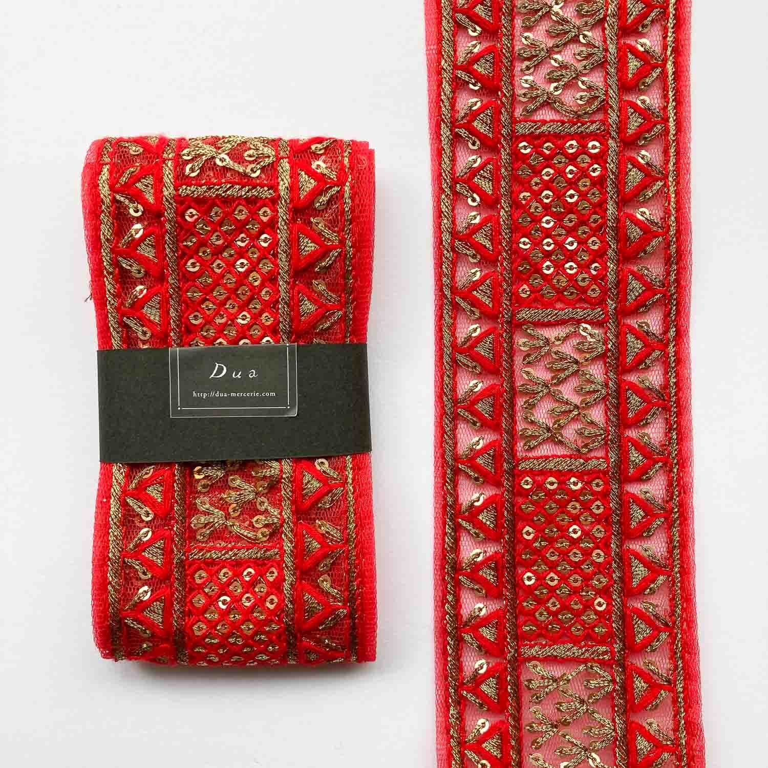 〈最終入荷〉赤とゴールドの刺繍インドリボン(1mカット)