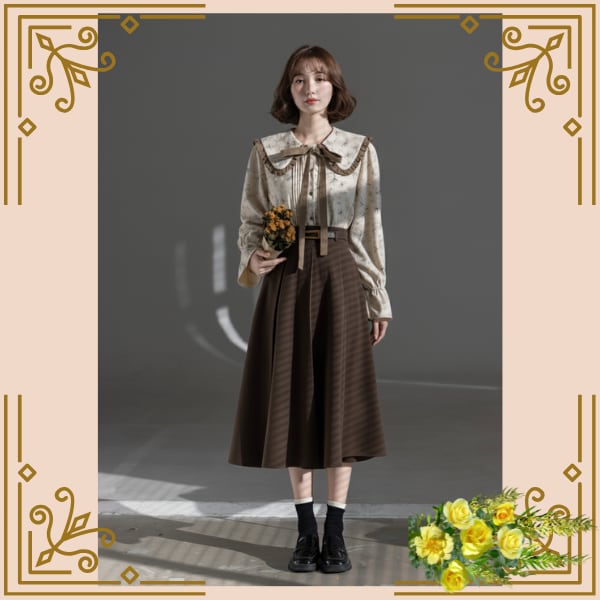 ♦クラシックリボン襟フリルデザインブラウス♦trnd036