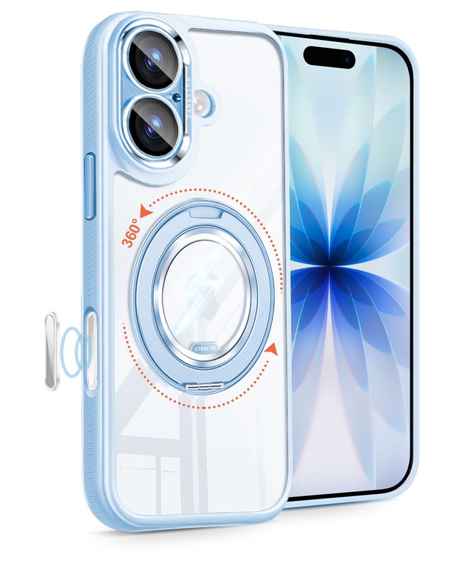 DAMESINE iPhone 17用ケースMagsafe対応 マグネットリングスタンド付き クリアアクリル背面 シリコン耐衝撃 軽薄 カメラコントロールボタン オシャレな着脱式カメラカバー 可愛いアイホン17ケース アイスブルー
