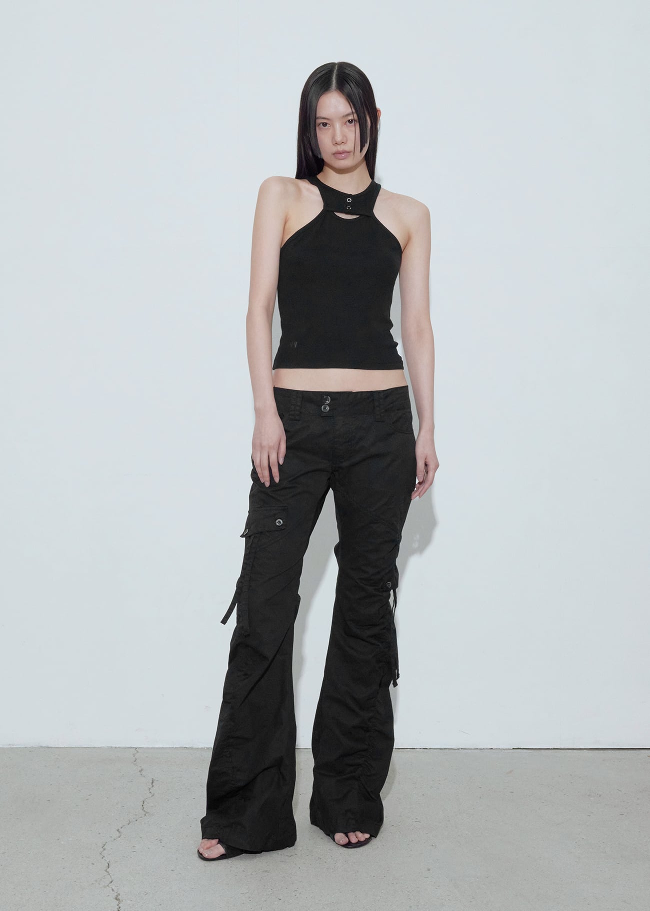 パンツ BOHEMIAN SEOUL STRAP CARGO SWEATPANTS BOHEMIAN SEOUL] WASHED SHIRRING CARGO PANTS, BLACK 正規品 韓国