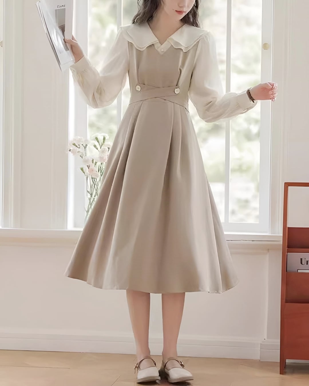 シフォンベージュウエストリボンワンピース 24WP08003