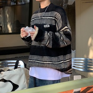 ラウンドネック細ボーダーソフトニット　1080