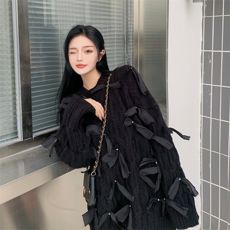 ブラックセーター ジャケット スプリングオータムルーズニットトップス リボン 春物 秋物 ブラックストロベリース99469302751