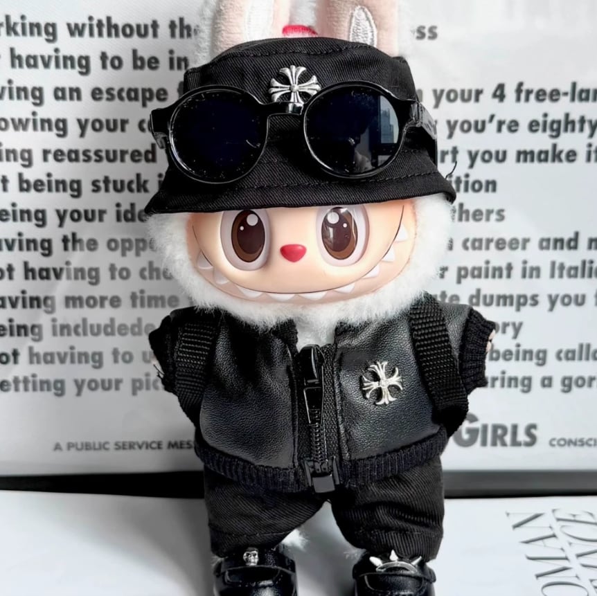 【ドール服 labubu】 ブラック レザーコーデセット 1-3世代 17cm人形対応 ストリートクールスタイル