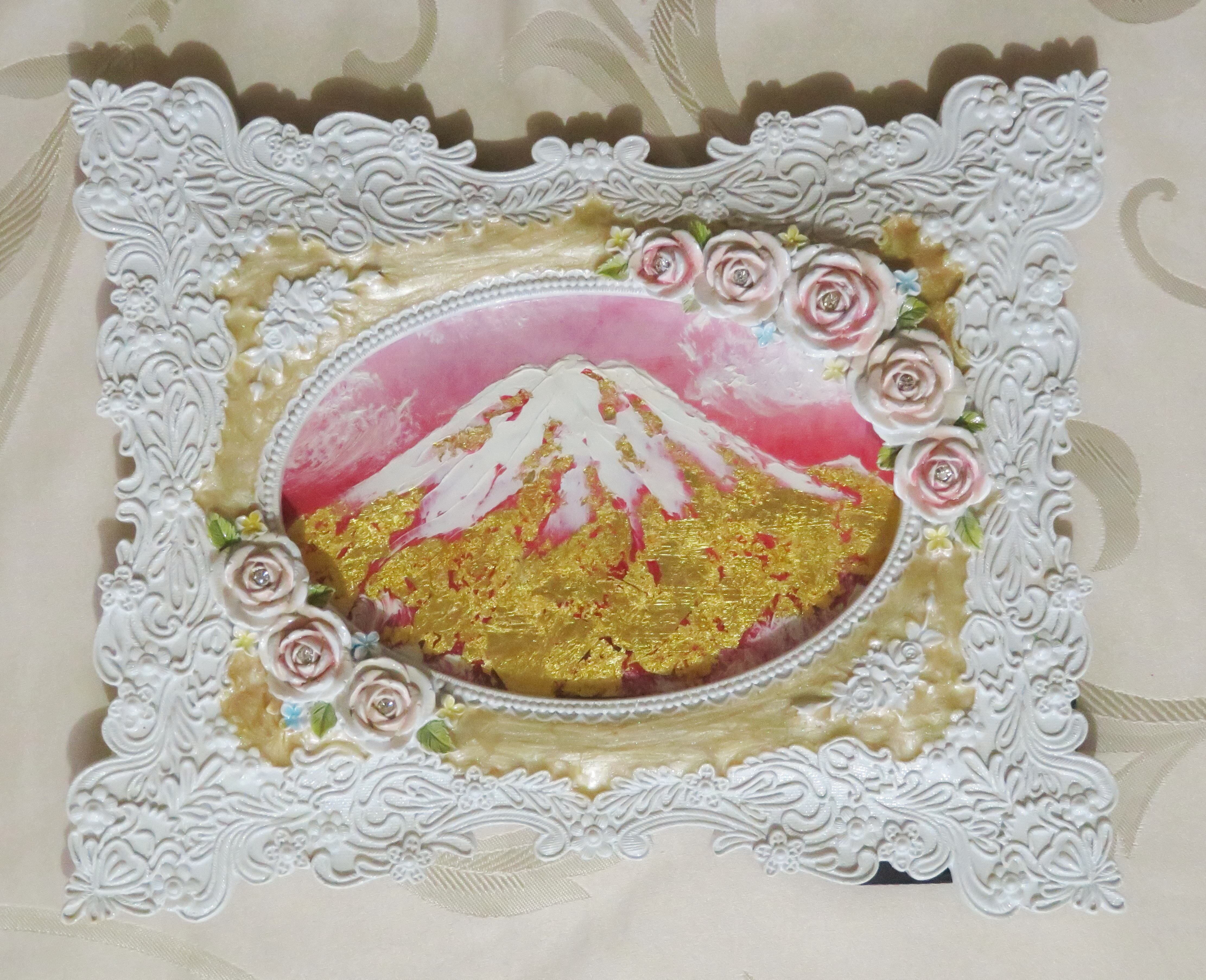 黄金の富士山～緑富士 R5－36】油絵+純金24k金箔 F3号 真筆画1点