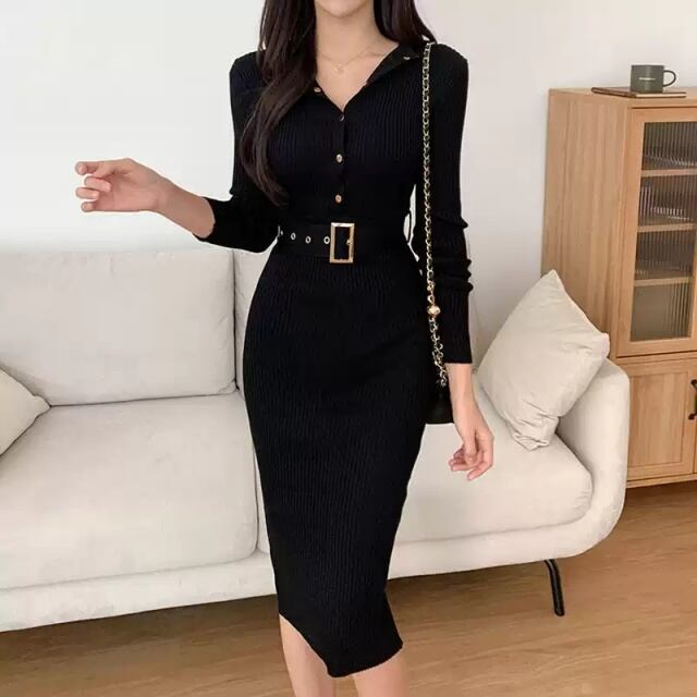 【予約販売】ワンピース レディース リブニット  ひざ丈 ウエストマーク ブラック  ネイビー グレー ベージュ こなれ感 卒業式 入学式 ワンピ 大人可愛い ドレス エレガント上品 韓国 フリーサイズ