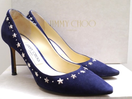 2018SSレア★JIMMY CHOO ジミーチュウ ☆スター スタッズ スエード ヒール パンプス 紺x銀 36★ 上品なネイビースエードがデイリーで大活躍