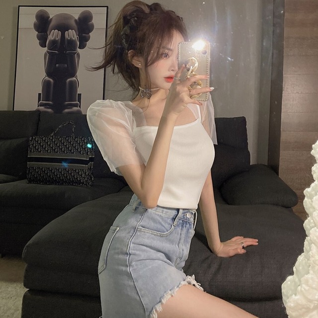 メッシュスリムTシャツ サマーショートスリーブトップス ストリート 夏物 ステッチ ガールズファッション84042512765