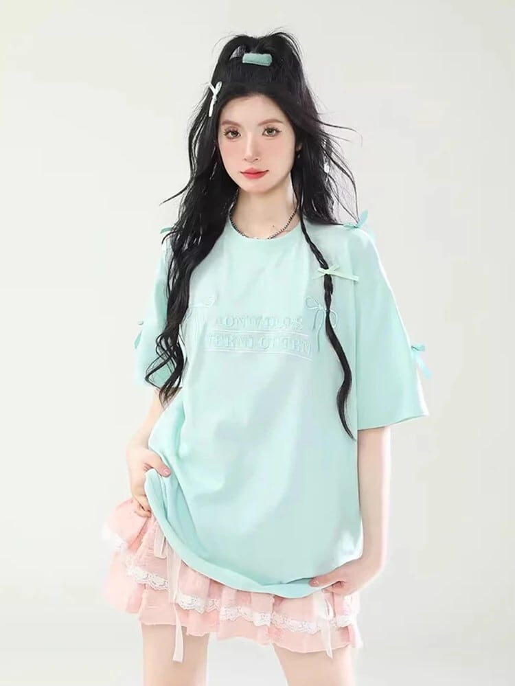 レターボウ刺繍 Tシャツ女性の夏ルース怠惰なミントグリーン Tシャツ