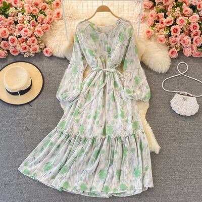ワンピース 花柄 フラワー パフスリーブ ロング レトロ 韓国 ワンピース ワンピ 花柄 フラワー ロング丈 ロングワンピース
