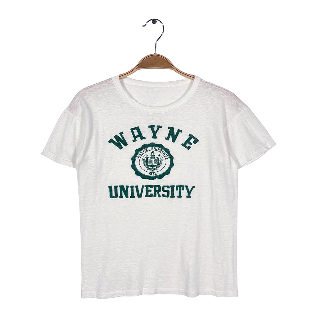60s カレッジプリント フロッキー ヴィンテージ Tシャツ 3段プリント WAYNE UNIVERSITY シングルステッチ キッズサイズ BZ0680