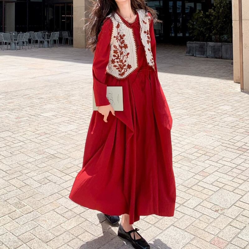 Red Flared Maxi Dress & Embroidered Crochet Vest Set S0293