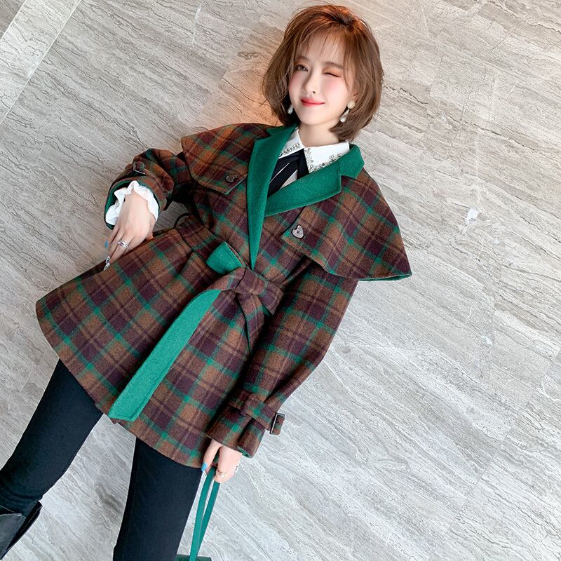 スタンダード格子柄ウェストカラーコート レトロ レース オータム 秋物 ウィンター 冬物 レースアップ MIUCO62093463058