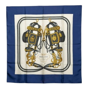 エルメス カレ90 BRIDES de GALA 式典用馬勒 スカーフ ブルー ホワイト シルク レディース HERMES 【中古】