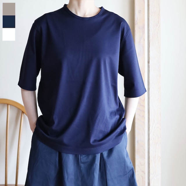 HAND ROOM WOMEN'S - クルーネック5分袖Tシャツ - ホワイト / ベージュ / 紺