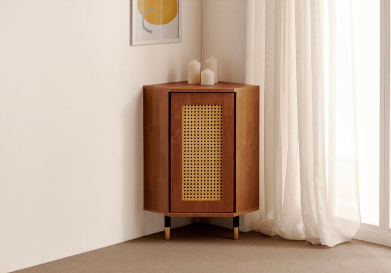 rattan wood corner shelf / ラタン ウッド コーナーシェルフ 角 収納