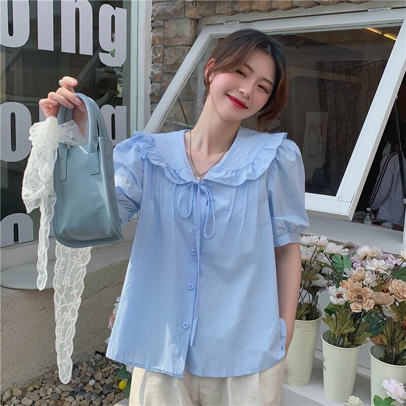 カラーブルーシャツ サマーホワイトスタンダード レトロ 夏物 萌量不足36136413221