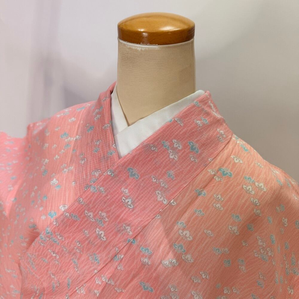 小紋 夏 絽 夏用 洗える着物 裄66.3cm 身丈159.3cm 花柄 お洒落着 普段着 ポリエステル ピンク 美品 M サイズ 5916