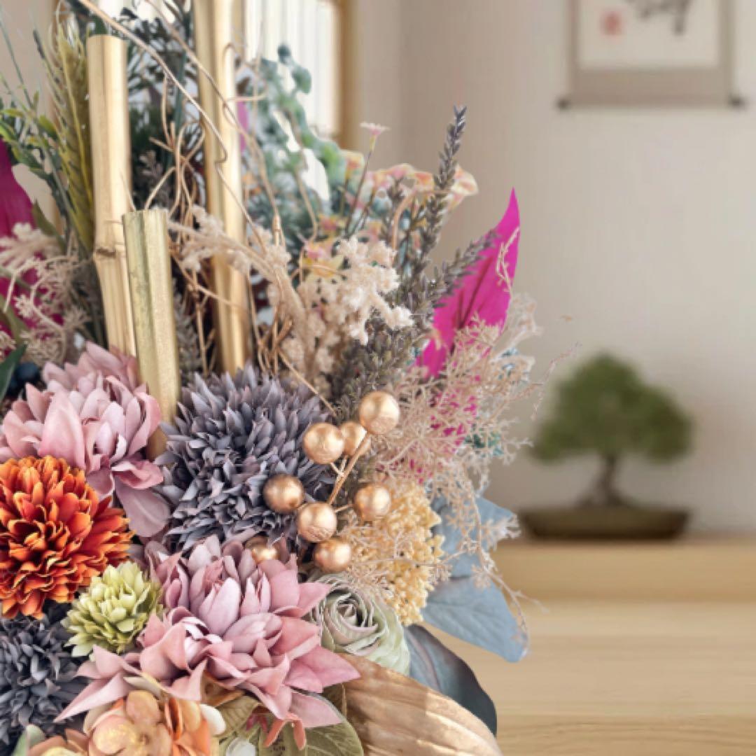 ⑯ ドライスタイル 和モダン門松 M｜可憐な花々と竹が奏でる、迎春